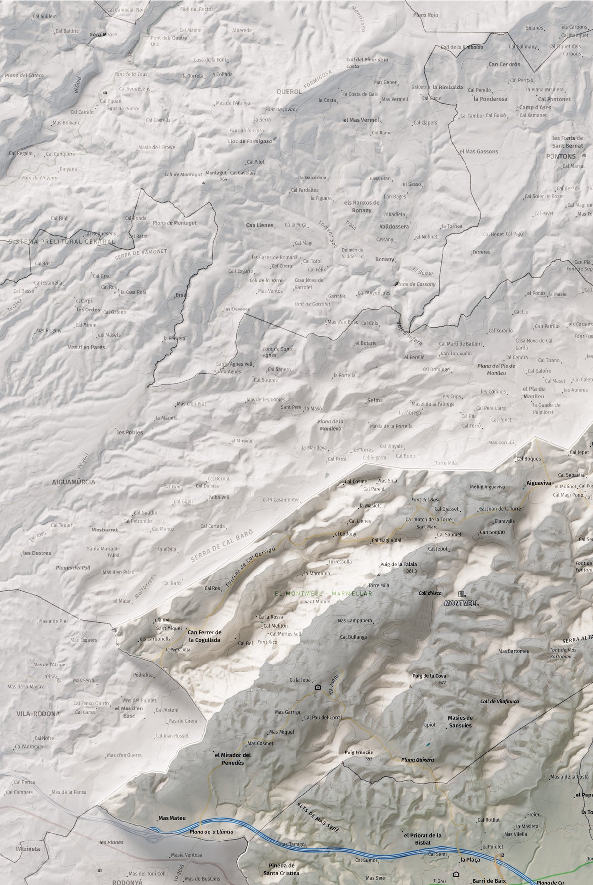 Mapa de relieve del Baix Penedès, con el territorio en color y el entorno en blanco. Detalle de la zona superior izquierda. 61 × 91 cm. Estilo Cartográfico.