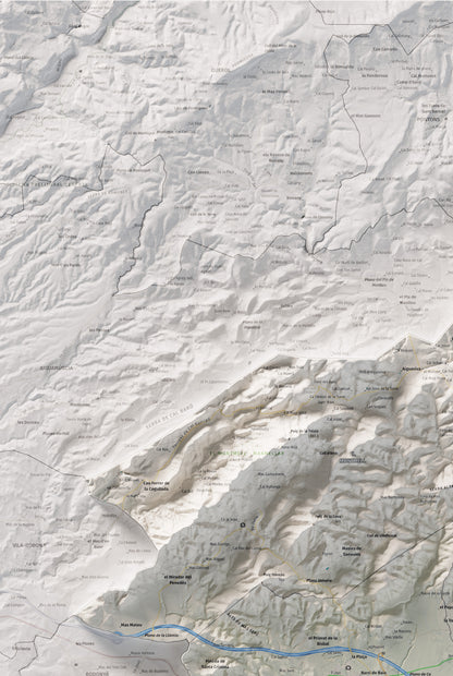 Mapa de relieve del Baix Penedès, con el territorio en color y el entorno en blanco. Detalle de la zona superior izquierda. 61 × 91 cm. Estilo Cartográfico.