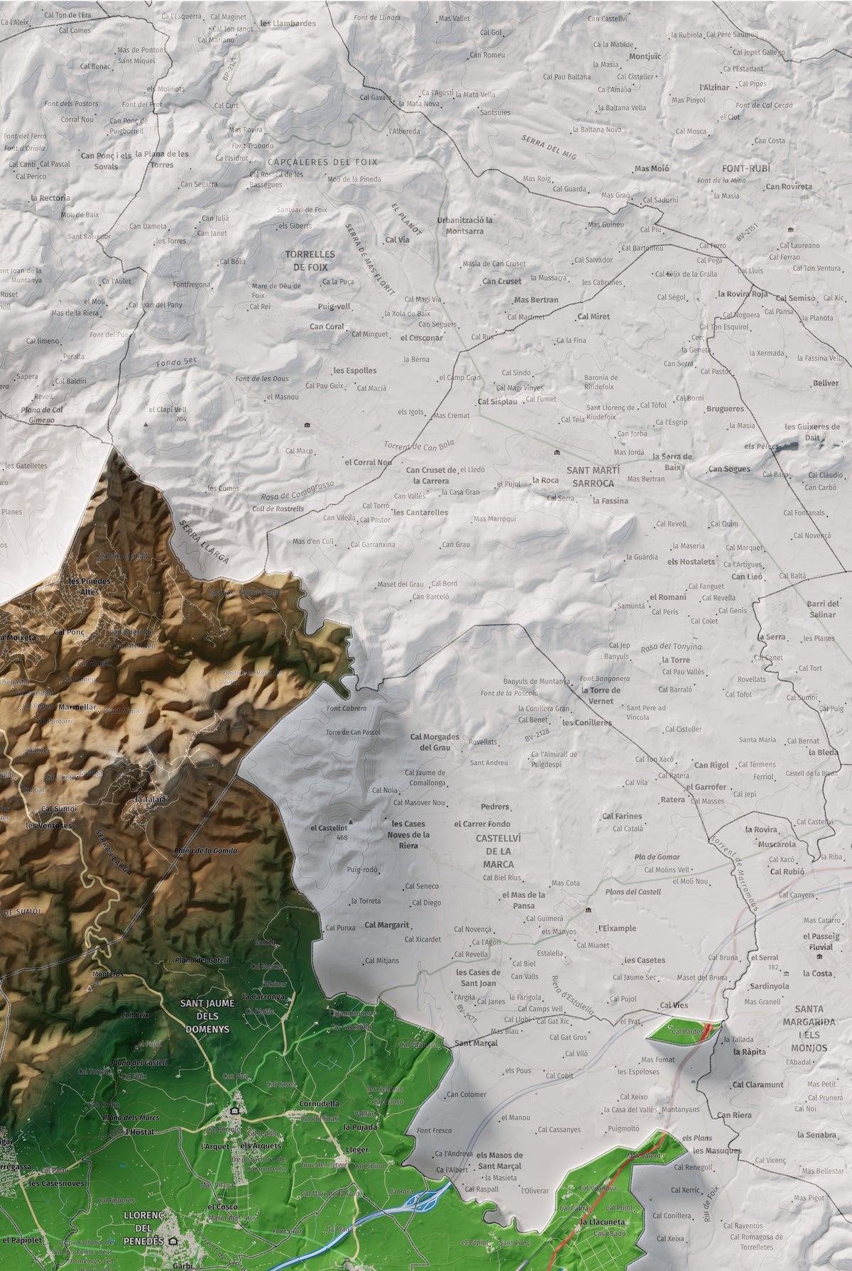 Mapa de relieve del Baix Penedès, con el territorio en color y el entorno en blanco. Detalle de la zona superior derecha. 61 × 91 cm. Estilo Clásico.