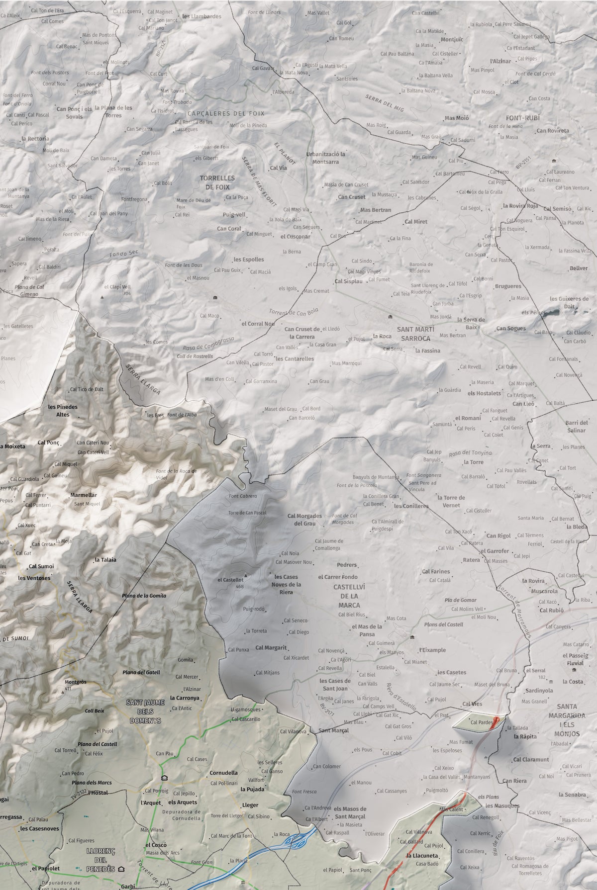 Mapa de relieve del Baix Penedès, con el territorio en color y el entorno en blanco. Detalle de la zona superior derecha. 61 × 91 cm. Estilo Cartográfico.