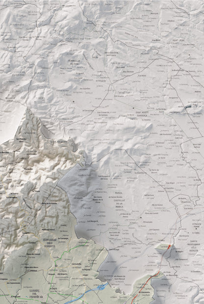 Mapa de relieve del Baix Penedès, con el territorio en color y el entorno en blanco. Detalle de la zona superior derecha. 61 × 91 cm. Estilo Cartográfico.