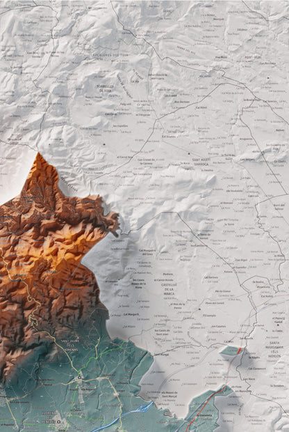 Mapa de relieve del Baix Penedès, con el territorio en color y el entorno en blanco. Detalle de la zona superior derecha. 61 × 91 cm. Estilo Azul y naranja.