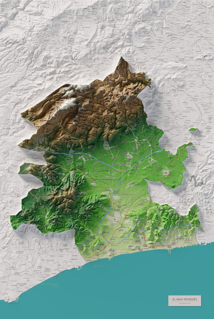 Mapa de relieve del Baix Penedès, con el territorio en color y el entorno en blanco. Vista completa de la lámina. 61 × 91 cm. Estilo Clásico.
