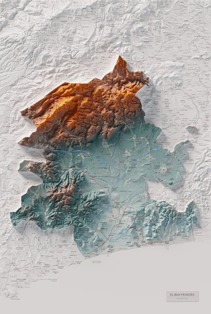Mapa de relieve del Baix Penedès, con el territorio en color y el entorno en blanco. Vista completa de la lámina. 61 × 91 cm. Estilo Azul y naranja.
