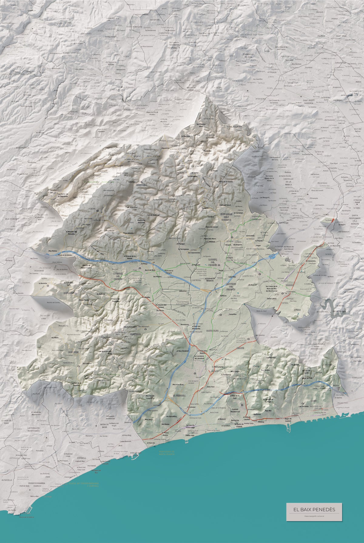 Mapa de relieve del Baix Penedès, con el territorio en color y el entorno en blanco. Vista completa de la lámina. 61 × 91 cm. Estilo Cartográfico.