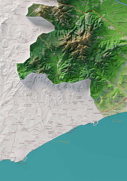 Mapa de relieve del Baix Penedès, con el territorio en color y el entorno en blanco. Detalle de la zona inferior izquierda. 70 × 100 cm. Estilo Clásico.