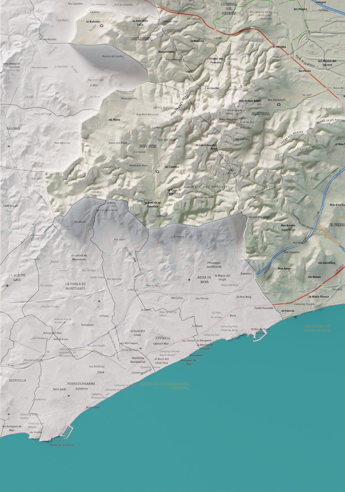Mapa de relieve del Baix Penedès, con el territorio en color y el entorno en blanco. Detalle de la zona inferior izquierda. 70 × 100 cm. Estilo Cartográfico.