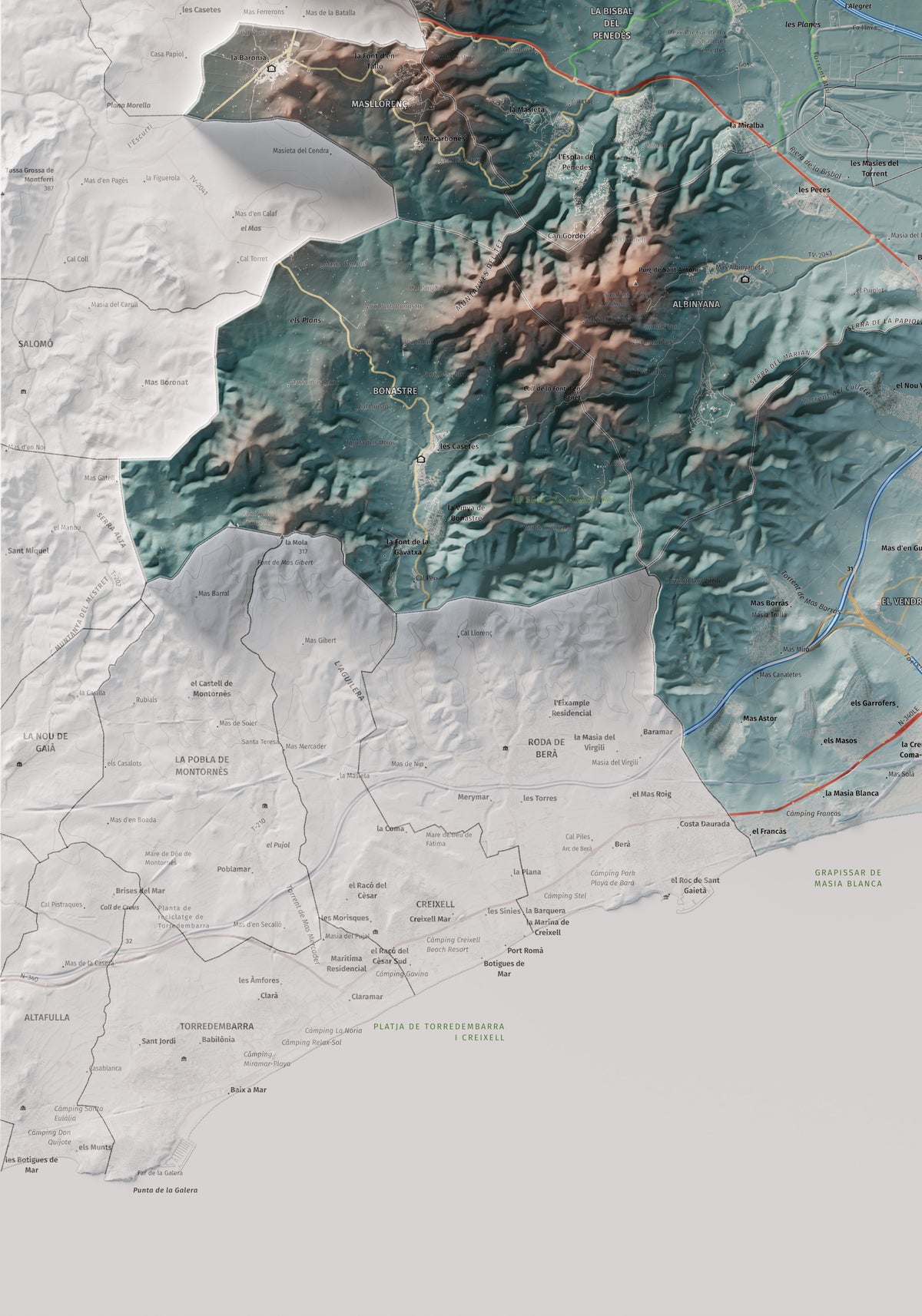 Mapa de relieve del Baix Penedès, con el territorio en color y el entorno en blanco. Detalle de la zona inferior izquierda. 70 × 100 cm. Estilo Azul y naranja.
