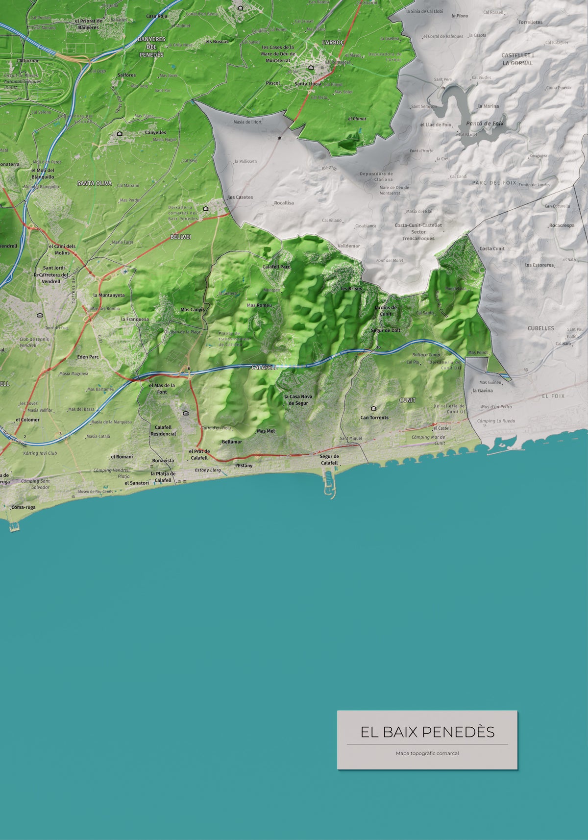 Mapa de relieve del Baix Penedès, con el territorio en color y el entorno en blanco. Detalle de la zona inferior derecha. 70 × 100 cm. Estilo Clásico.