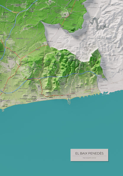Mapa de relieve del Baix Penedès, con el territorio en color y el entorno en blanco. Detalle de la zona inferior derecha. 70 × 100 cm. Estilo Clásico.