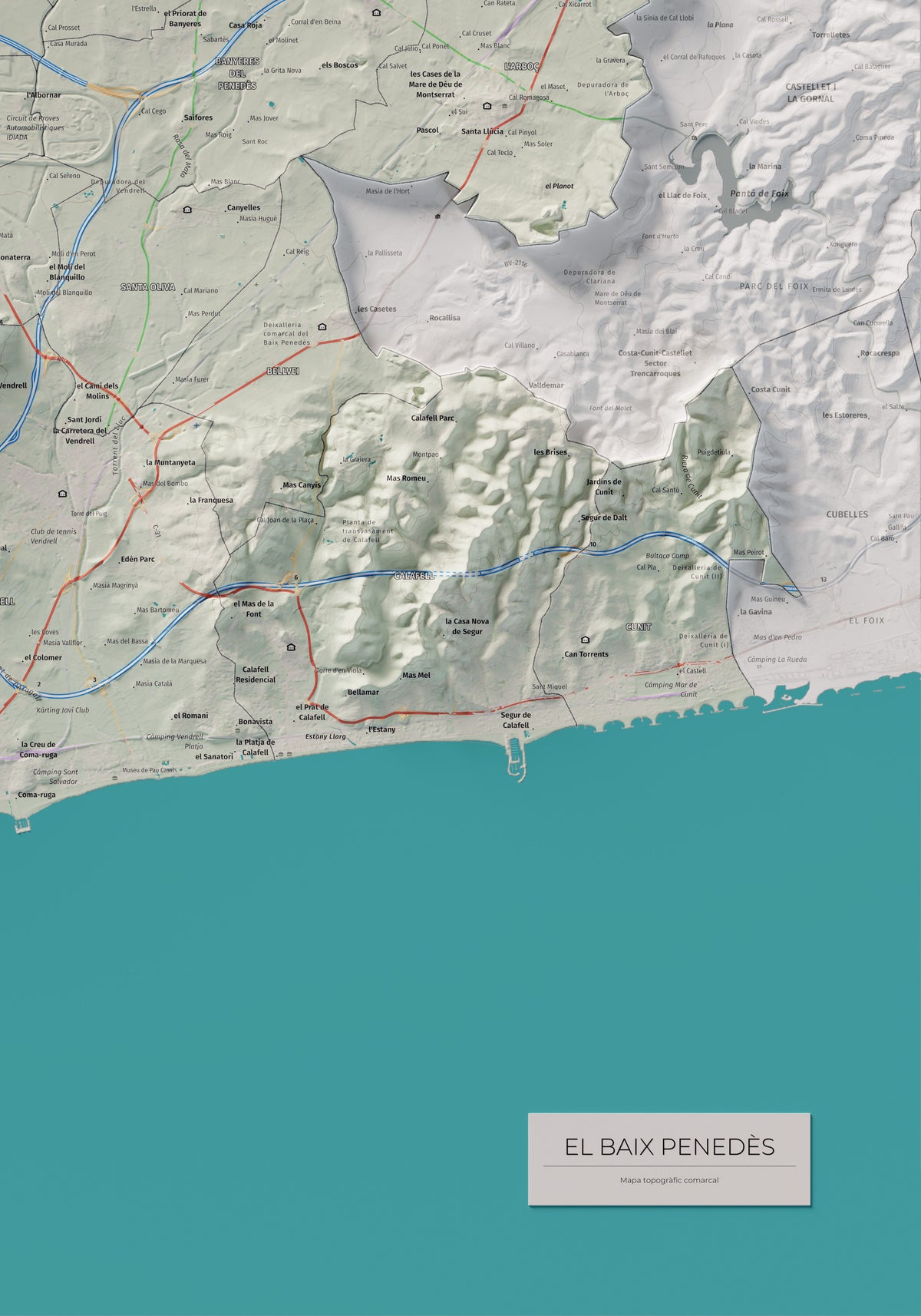 Mapa de relieve del Baix Penedès, con el territorio en color y el entorno en blanco. Detalle de la zona inferior derecha. 70 × 100 cm. Estilo Cartográfico.