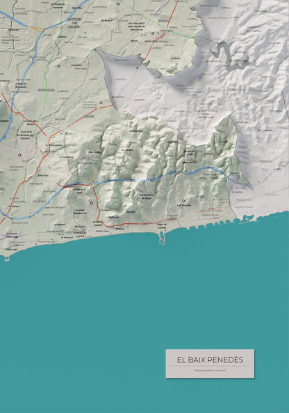 Mapa de relieve del Baix Penedès, con el territorio en color y el entorno en blanco. Detalle de la zona inferior derecha. 70 × 100 cm. Estilo Cartográfico.
