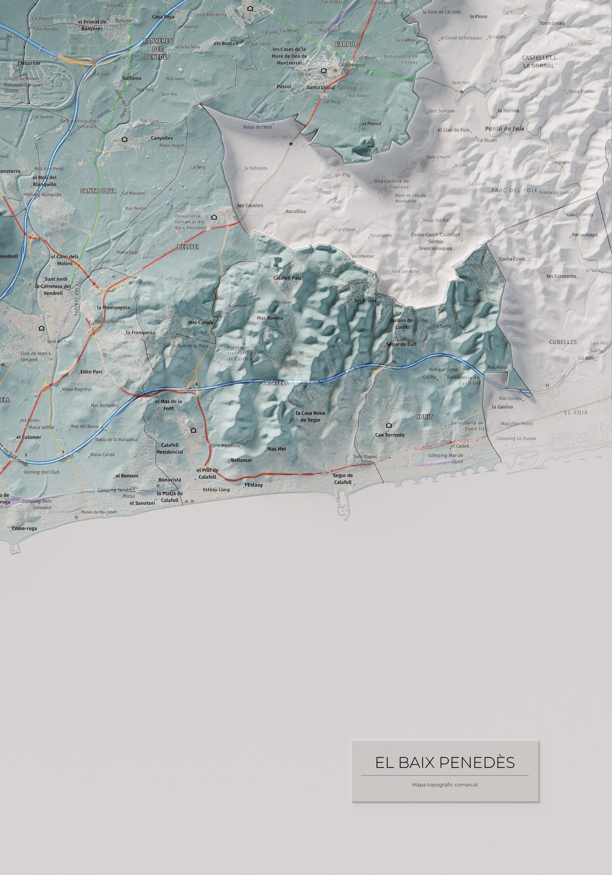 Mapa de relieve del Baix Penedès, con el territorio en color y el entorno en blanco. Detalle de la zona inferior derecha. 70 × 100 cm. Estilo Azul y naranja.