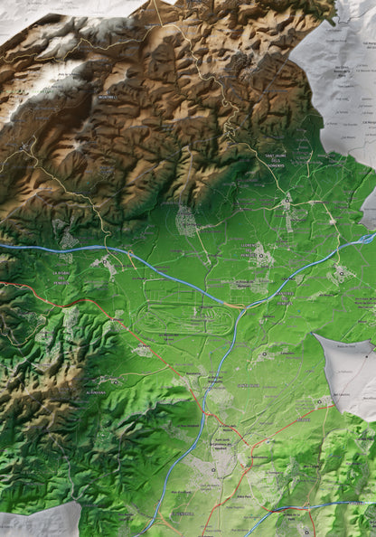 Mapa de relieve del Baix Penedès, con el territorio en color y el entorno en blanco. Detalle de la zona central. 70 × 100 cm. Estilo Clásico.