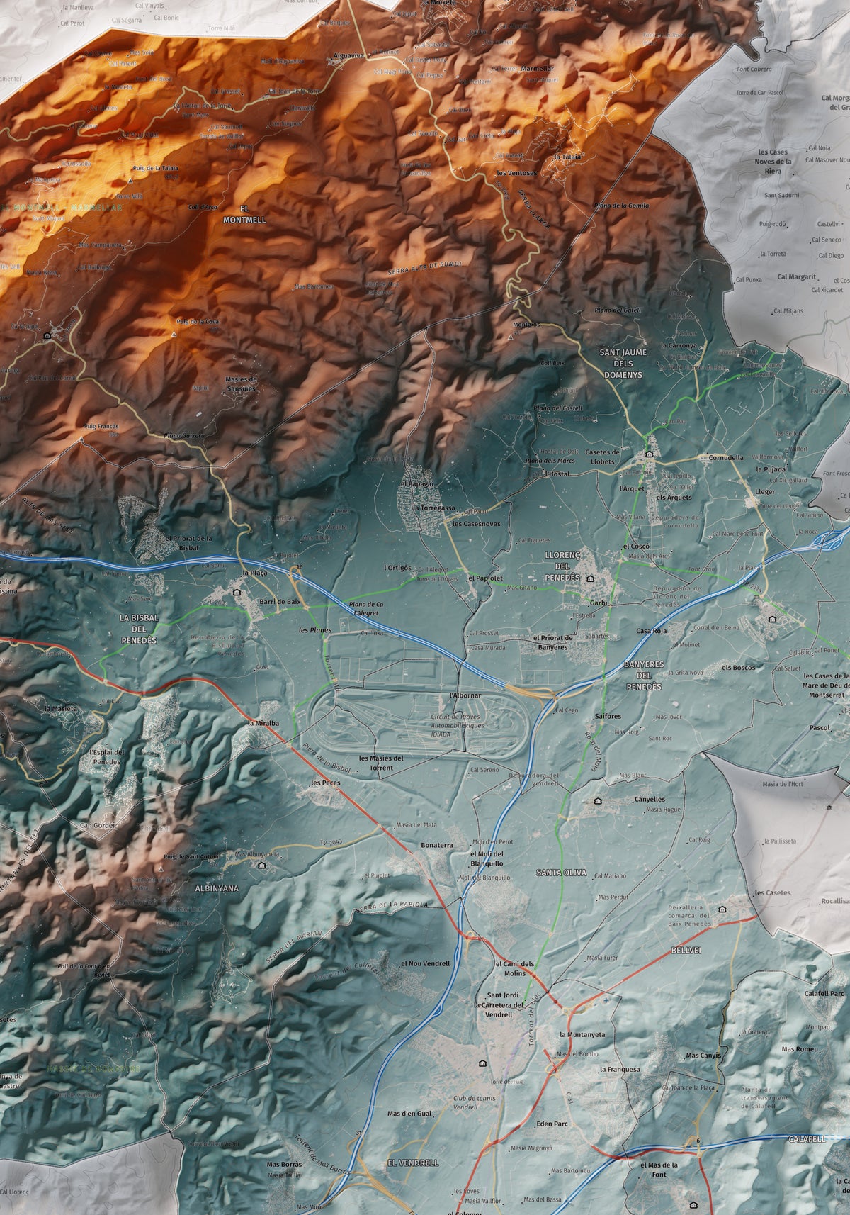 Mapa de relieve del Baix Penedès, con el territorio en color y el entorno en blanco. Detalle de la zona central. 70 × 100 cm. Estilo Azul y naranja.
