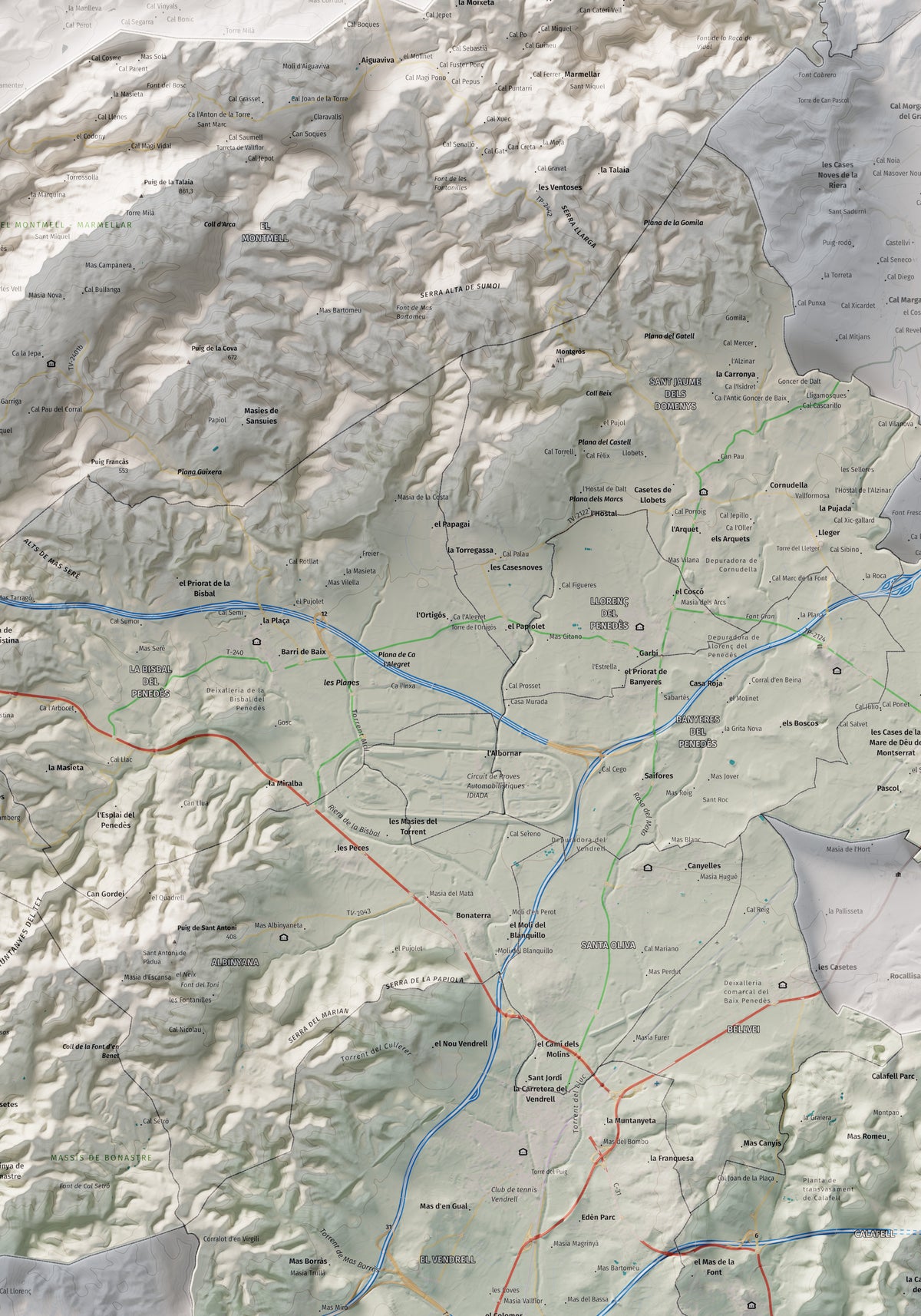 Mapa de relieve del Baix Penedès, con el territorio en color y el entorno en blanco. Detalle de la zona central. 70 × 100 cm. Estilo Cartográfico.