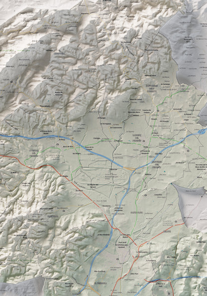 Mapa de relieve del Baix Penedès, con el territorio en color y el entorno en blanco. Detalle de la zona central. 70 × 100 cm. Estilo Cartográfico.