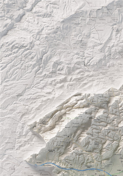 Mapa de relieve del Baix Penedès, con el territorio en color y el entorno en blanco. Detalle de la zona superior izquierda. 70 × 100 cm. Estilo Cartográfico.