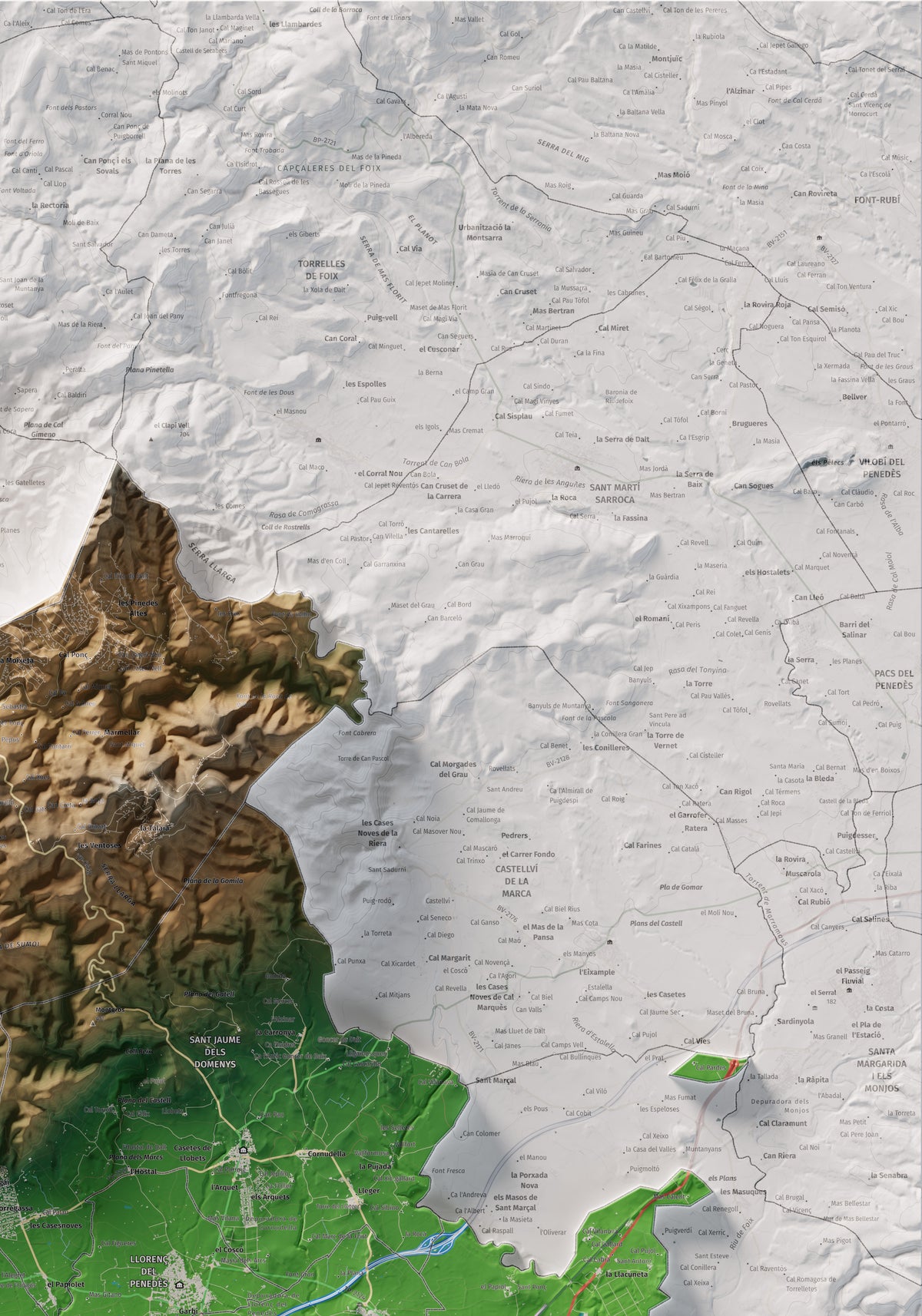 Mapa de relieve del Baix Penedès, con el territorio en color y el entorno en blanco. Detalle de la zona superior derecha. 70 × 100 cm. Estilo Clásico.