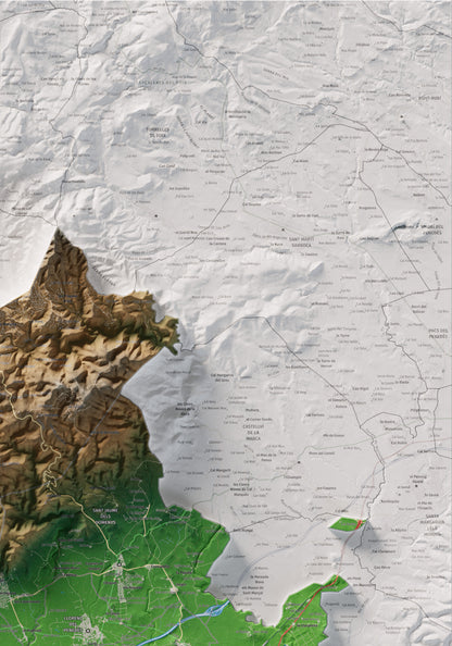 Mapa de relieve del Baix Penedès, con el territorio en color y el entorno en blanco. Detalle de la zona superior derecha. 70 × 100 cm. Estilo Clásico.