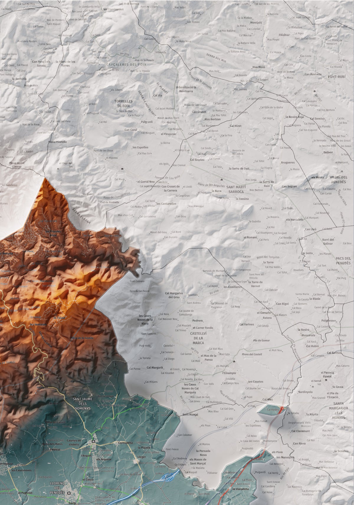 Mapa de relieve del Baix Penedès, con el territorio en color y el entorno en blanco. Detalle de la zona superior derecha. 70 × 100 cm. Estilo Azul y naranja.