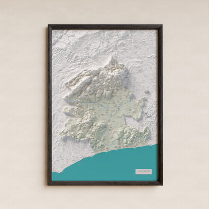 Mapa de relieve del Baix Penedès, con el territorio en color y el entorno en blanco. Presentación con marco. 70 × 100 cm. Estilo Cartográfico.