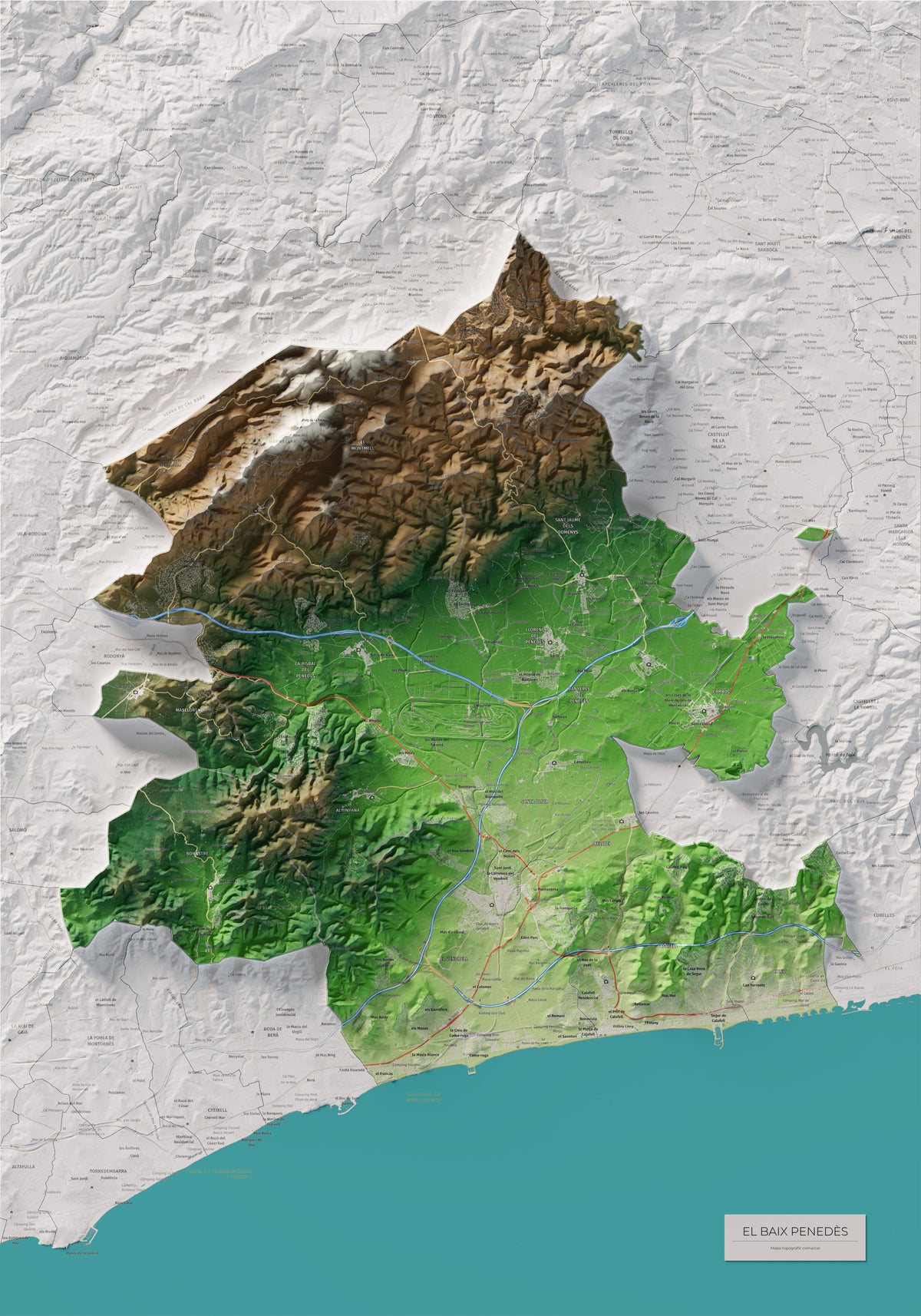 Mapa de relieve del Baix Penedès, con el territorio en color y el entorno en blanco. Vista completa de la lámina. 70 × 100 cm. Estilo Clásico.