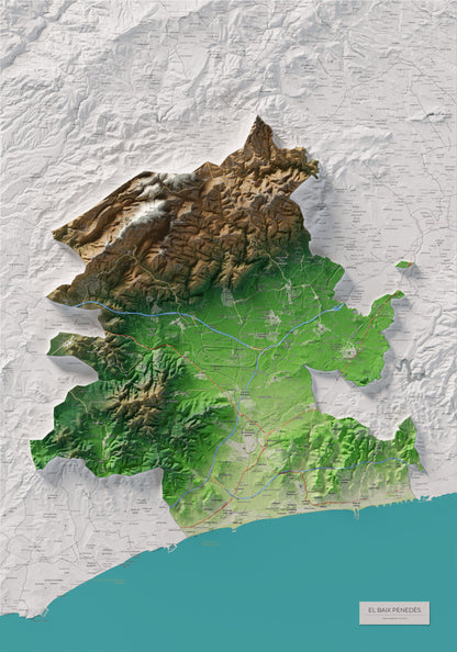Mapa de relieve del Baix Penedès, con el territorio en color y el entorno en blanco. Vista completa de la lámina. 70 × 100 cm. Estilo Clásico.