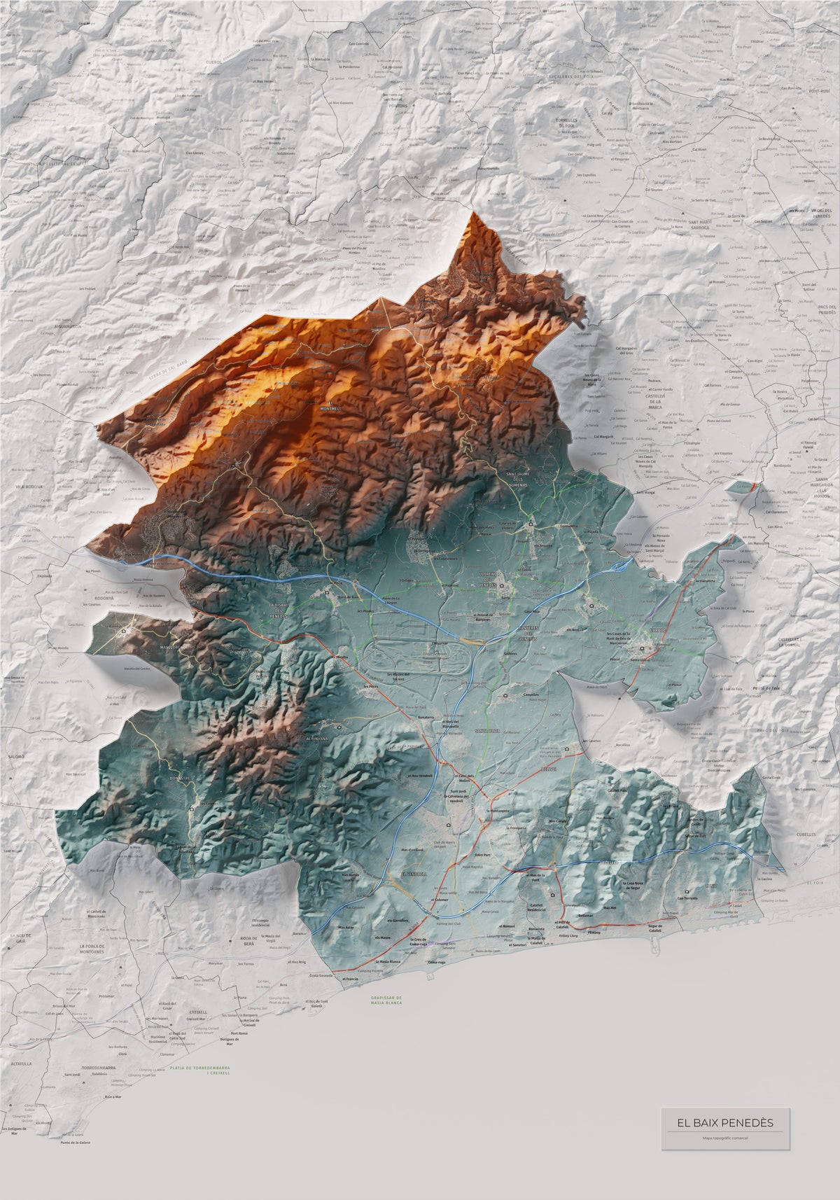 Mapa de relieve del Baix Penedès, con el territorio en color y el entorno en blanco. Vista completa de la lámina. 70 × 100 cm. Estilo Azul y naranja.