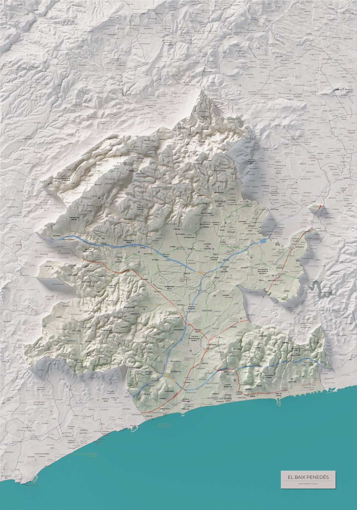 Mapa de relieve del Baix Penedès, con el territorio en color y el entorno en blanco. Vista completa de la lámina. 70 × 100 cm. Estilo Cartográfico.