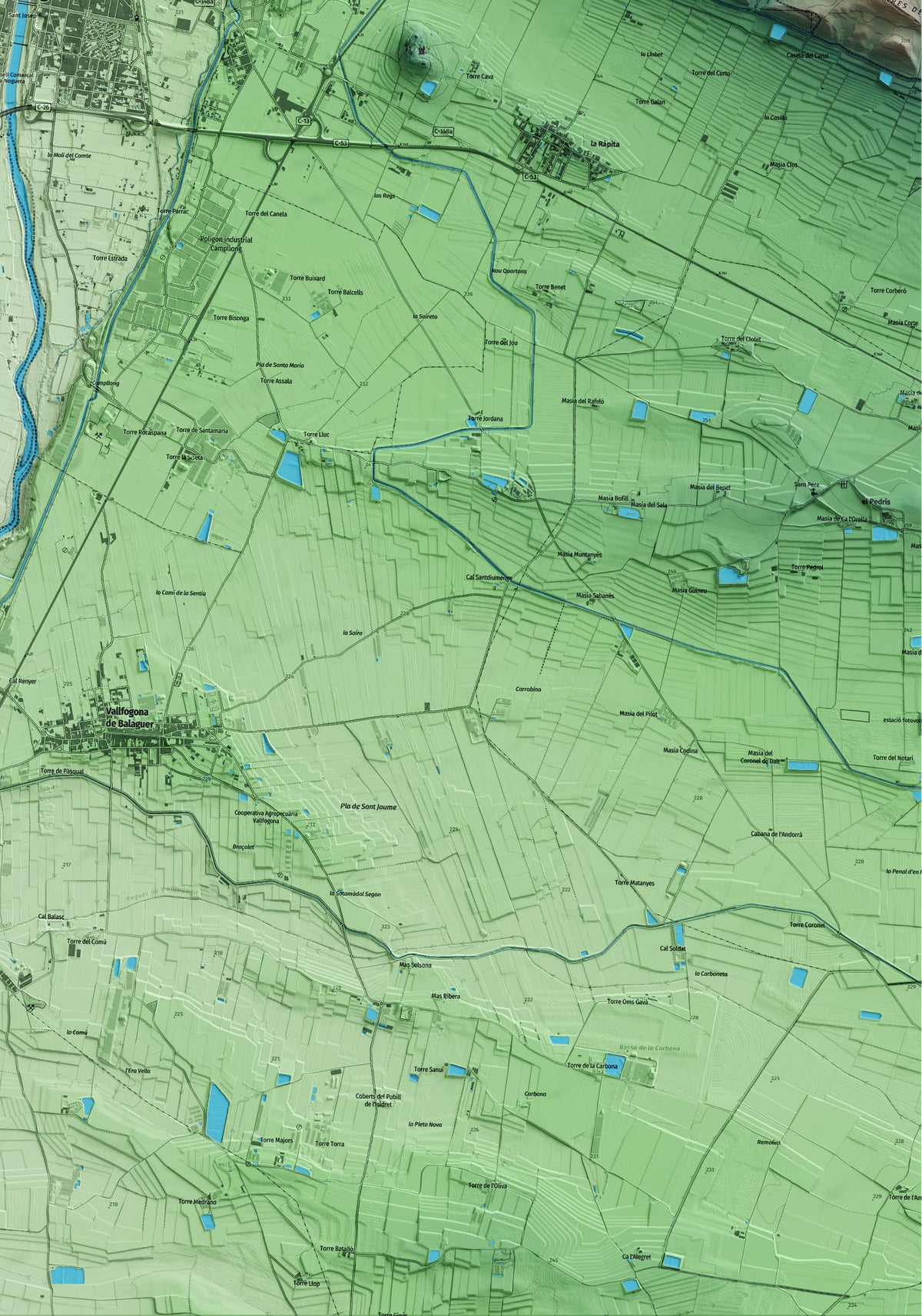 Mapa artístico del relieve de Balaguer, a la Noguera, con 15 km de entorno y base topográfica ICGC. Detalle de la zona inferior derecha.
