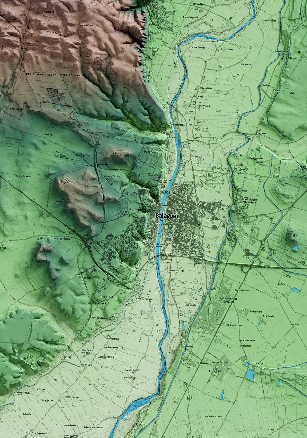 Mapa artístico del relieve de Balaguer, a la Noguera, con 15 km de entorno y base topográfica ICGC. Detalle de la zona central.