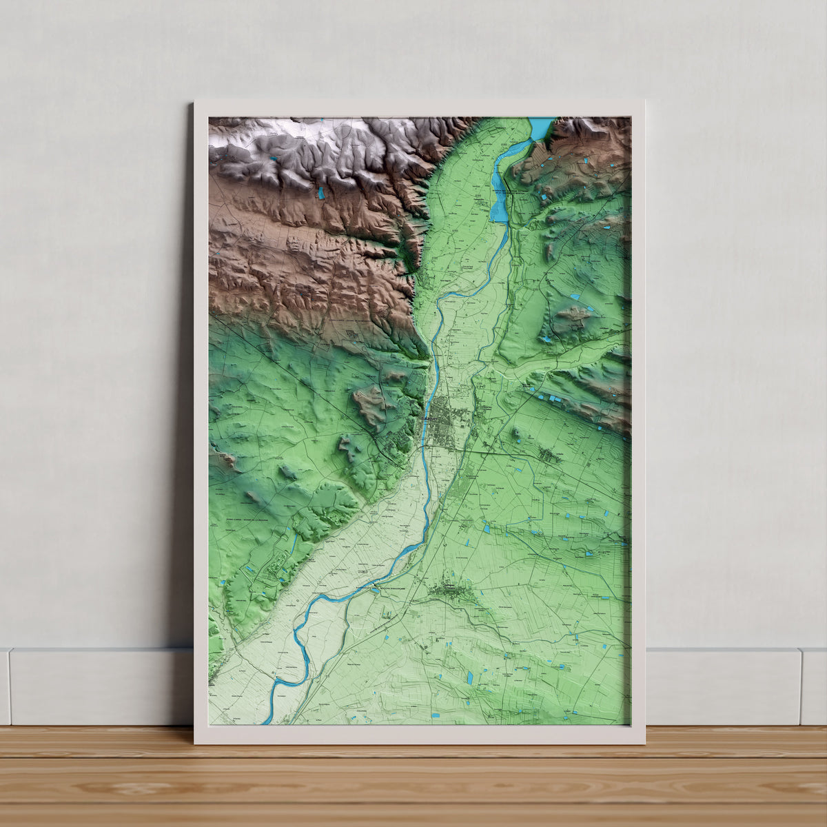 Mapa artístico del relieve de Balaguer, a la Noguera, con 15 km de entorno y base topográfica ICGC. Presentación enmarcada.