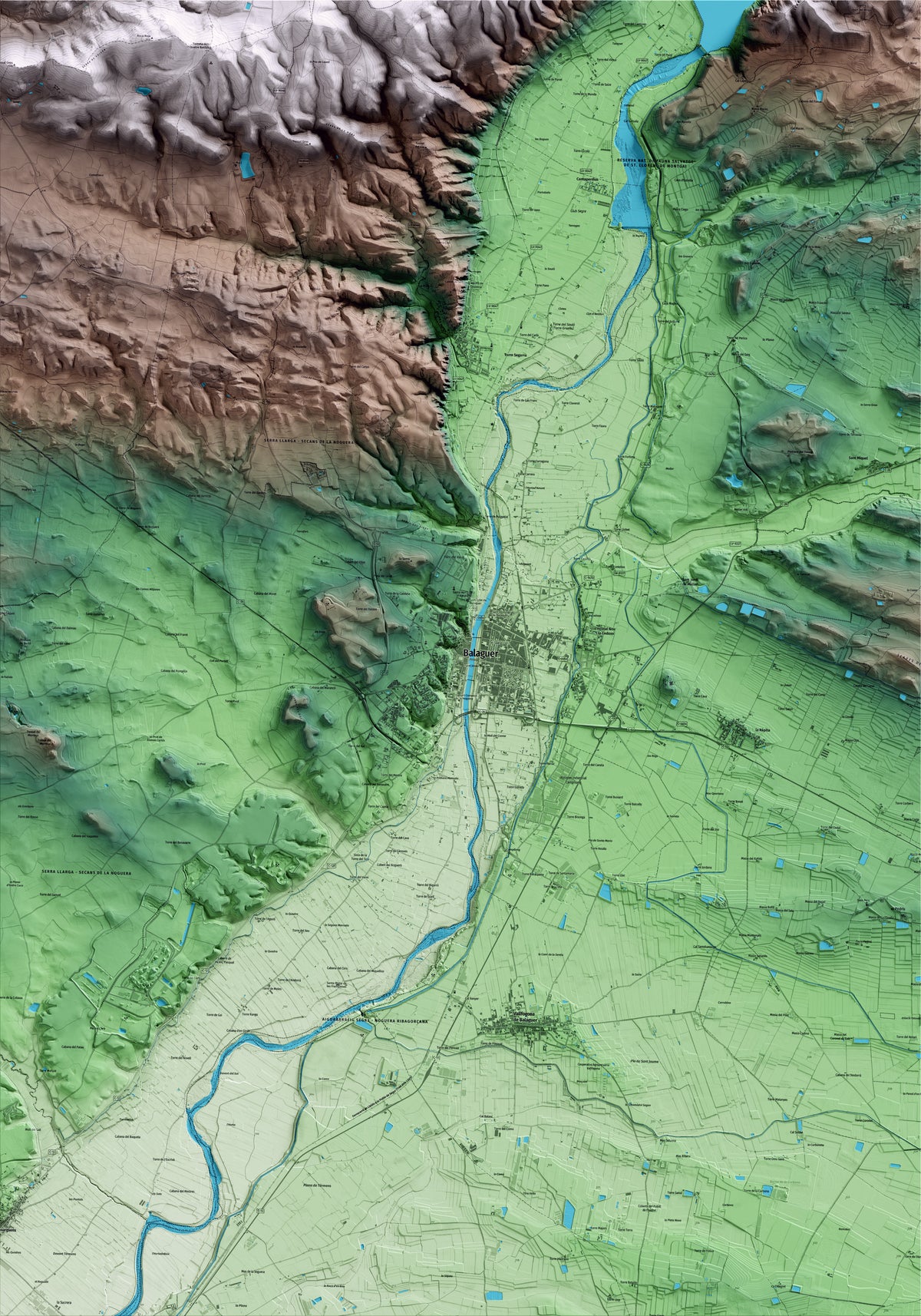 Mapa artístico del relieve de Balaguer, a la Noguera, con 15 km de entorno y base topográfica ICGC