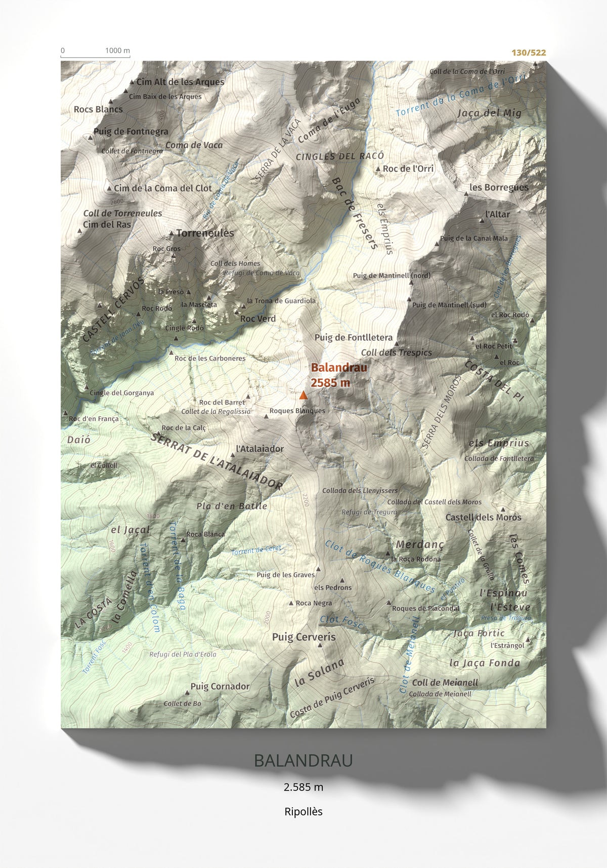 Mapa de relieve de Balandrau, 2585 m, Ripollès, lámina 100 Cims de Trobart 21 × 30 cm.