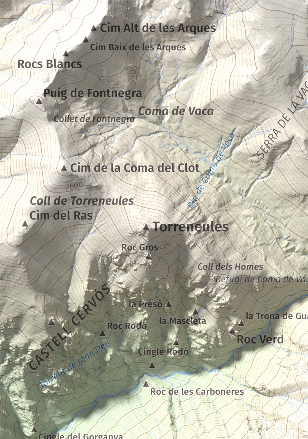Mapa de relieve de Balandrau, 2585 m, Ripollès, lámina 100 Cims de Trobart. Detalle de la zona superior izquierda. 21 × 30 cm.