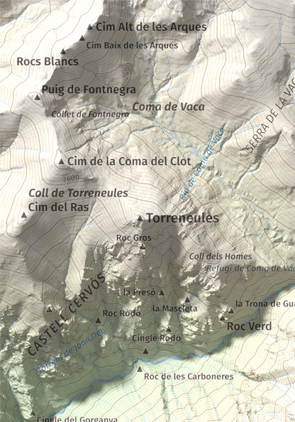 Mapa de relieve de Balandrau, 2585 m, Ripollès, lámina 100 Cims de Trobart. Detalle de la zona superior izquierda. 21 × 30 cm.