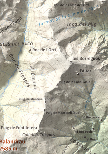 Mapa de relieve de Balandrau, 2585 m, Ripollès, lámina 100 Cims de Trobart. Detalle de la zona superior derecha. 21 × 30 cm.