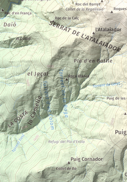 Mapa de relieve de Balandrau, 2585 m, Ripollès, lámina 100 Cims de Trobart. Detalle de la zona inferior izquierda. 21 × 30 cm.