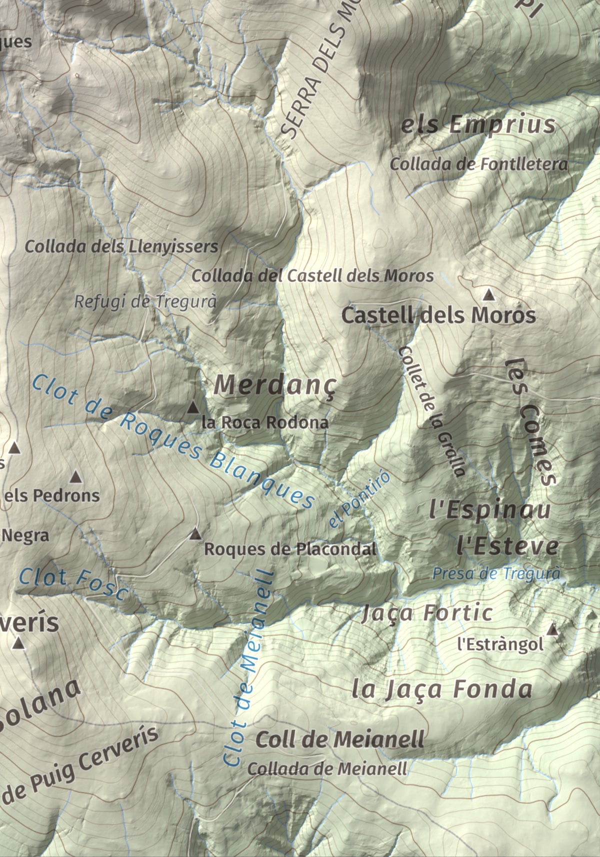 Mapa de relieve de Balandrau, 2585 m, Ripollès, lámina 100 Cims de Trobart. Detalle de la zona inferior derecha. 21 × 30 cm.