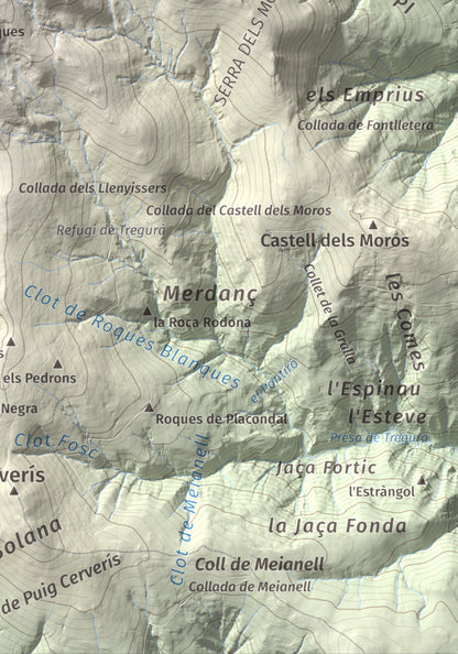 Mapa de relieve de Balandrau, 2585 m, Ripollès, lámina 100 Cims de Trobart. Detalle de la zona inferior derecha. 21 × 30 cm.