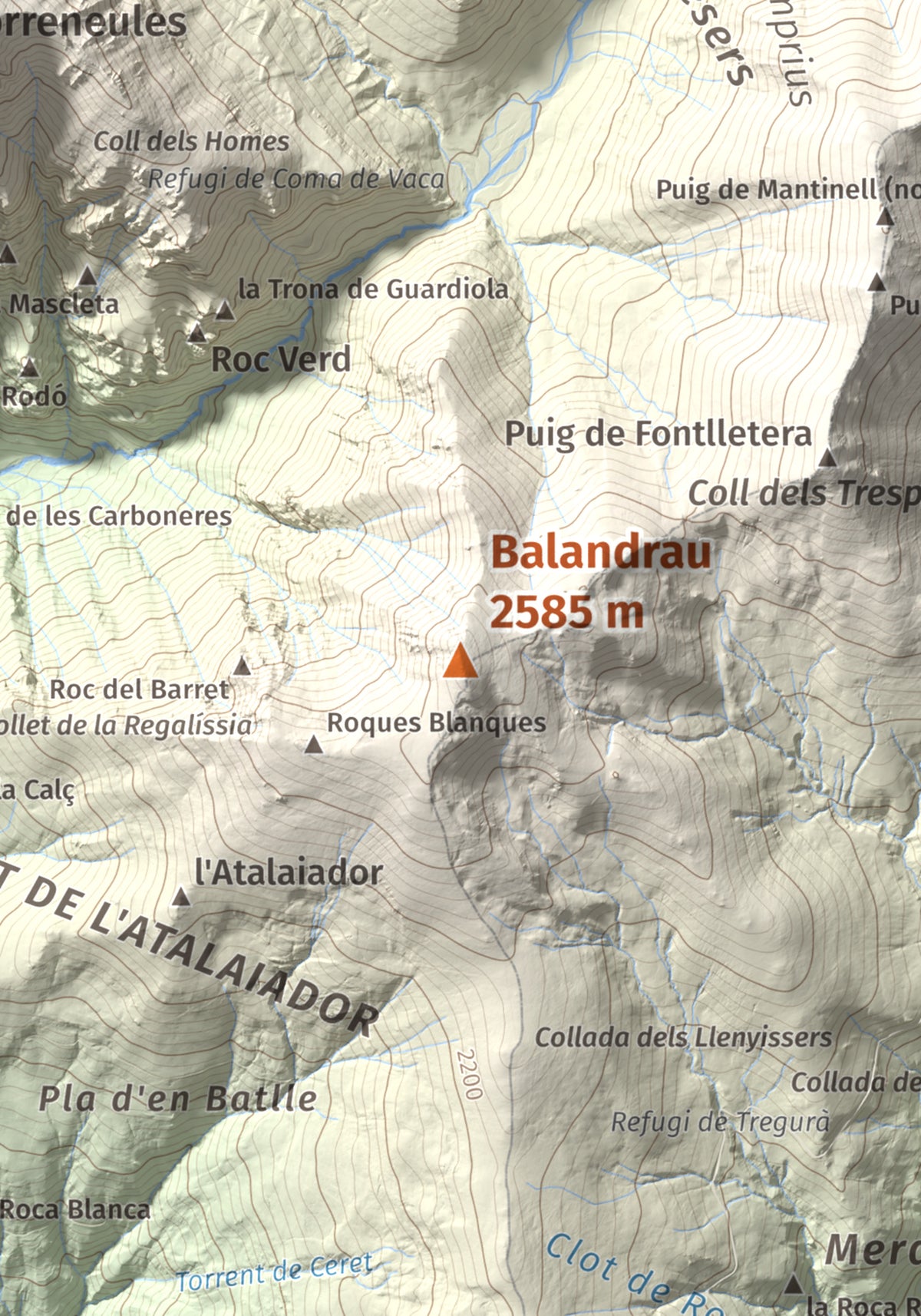 Mapa de relieve de Balandrau, 2585 m, Ripollès, lámina 100 Cims de Trobart. Detalle de la zona central. 21 × 30 cm.