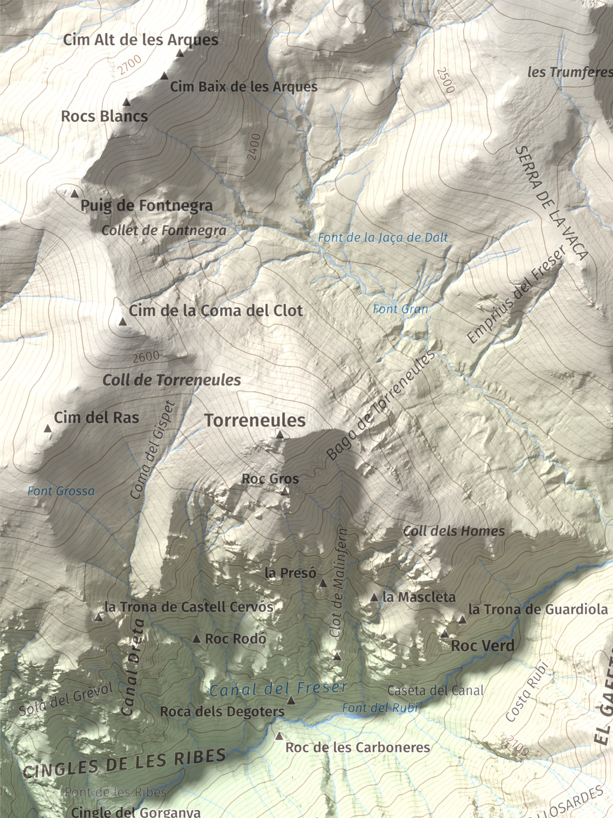 Mapa de relieve de Balandrau, 2585 m, Ripollès, lámina 100 Cims de Trobart. Detalle de la zona superior izquierda. 30 × 40 cm.