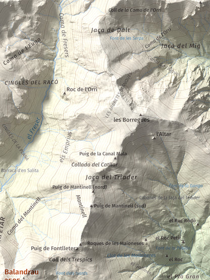 Mapa de relieve de Balandrau, 2585 m, Ripollès, lámina 100 Cims de Trobart. Detalle de la zona superior derecha. 30 × 40 cm.