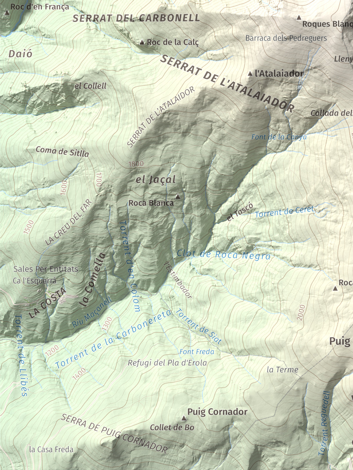 Mapa de relieve de Balandrau, 2585 m, Ripollès, lámina 100 Cims de Trobart. Detalle de la zona inferior izquierda. 30 × 40 cm.