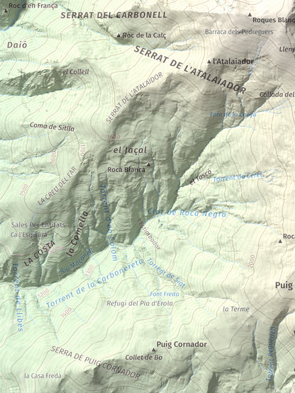 Mapa de relieve de Balandrau, 2585 m, Ripollès, lámina 100 Cims de Trobart. Detalle de la zona inferior izquierda. 30 × 40 cm.