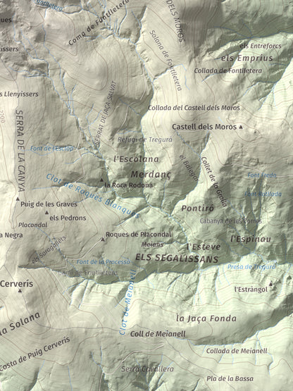 Mapa de relieve de Balandrau, 2585 m, Ripollès, lámina 100 Cims de Trobart. Detalle de la zona inferior derecha. 30 × 40 cm.