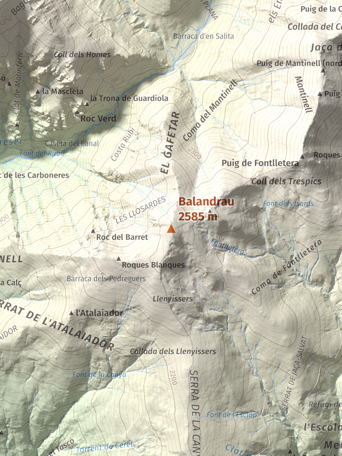 Mapa de relieve de Balandrau, 2585 m, Ripollès, lámina 100 Cims de Trobart. Detalle de la zona central. 30 × 40 cm.