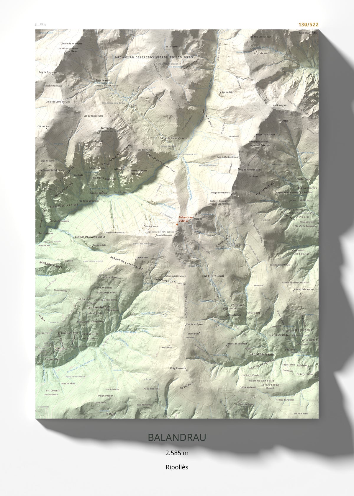 Mapa de relieve de Balandrau, 2585 m, Ripollès, lámina 100 Cims de Trobart 50 × 70 cm.