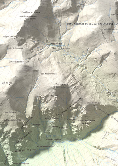Mapa de relieve de Balandrau, 2585 m, Ripollès, lámina 100 Cims de Trobart. Detalle de la zona superior izquierda. 50 × 70 cm.